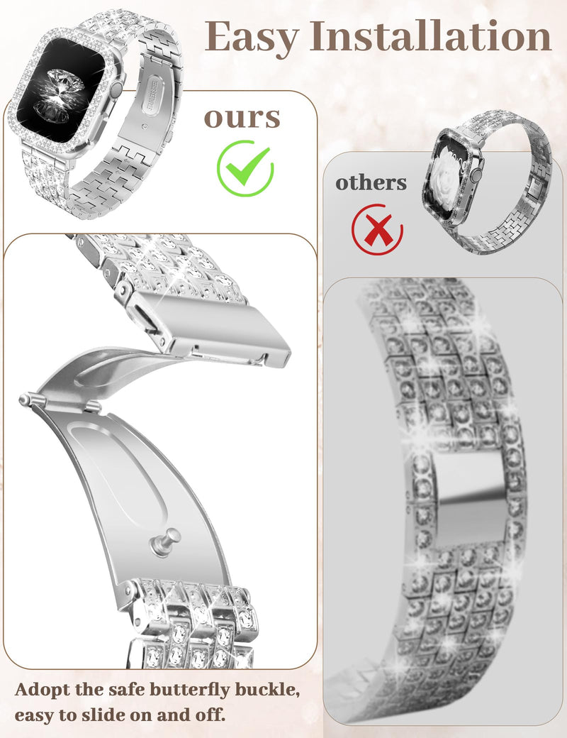 JR.DM Diamond Bands with Bling Case Trangle Stainless Steel Watch Band Bundle Compatible with Apple Watch 38mm 40mm 41mm 42mm 44mm 46mm 45mm 49mm for iWatch Series 11/10/9/8/7/6/5/4/3/2/1/SE/Ultra