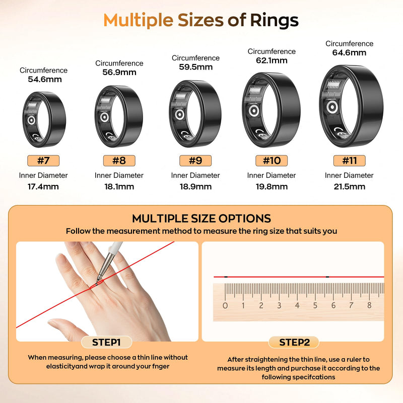 Smart Ring with Sleep Monitoring, Step Counting, Heart Rate, Blood Oxygen for iOS and Android, No Subscription Fee, IP68 Waterproof Health Tracker (Gold, 7)