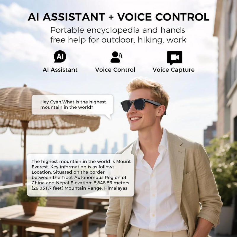 AI Smart Glasses with Camera, 8MP HD Bluetooth Camera Glasses for Women Men | 1080P Video Recording Sunglasses, Real Time Translation, Voice Assistant, Open Earbuds, Travel, Work, Vlog, (3 Lenses)