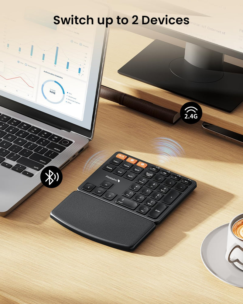 ProtoArc EK04 N Ergonomic Wireless Number Pad with Wrist Rest - Black | Full Size Numeric Keypad, 2-Device Bluetooth/2.4G, Rechargeable, for Windows PC/Laptop, Mac OS