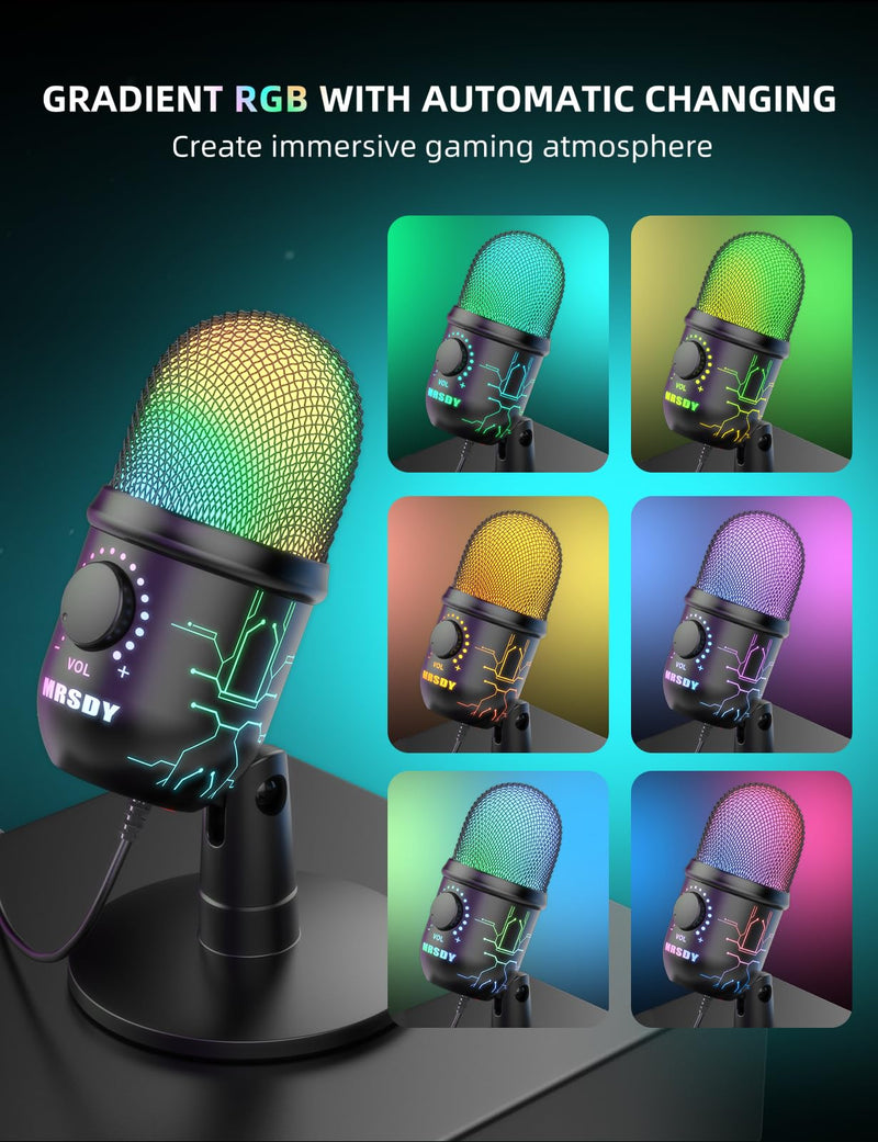 Gaming Microphone, USB Computer Microphone for PC, Mac, PS4/5, Condenser Podcast Mic for Studio Recording, YouTube, Streaming, with Headphone Jack, Led Light, Mute, Gain, Noise Cancellation V5-P