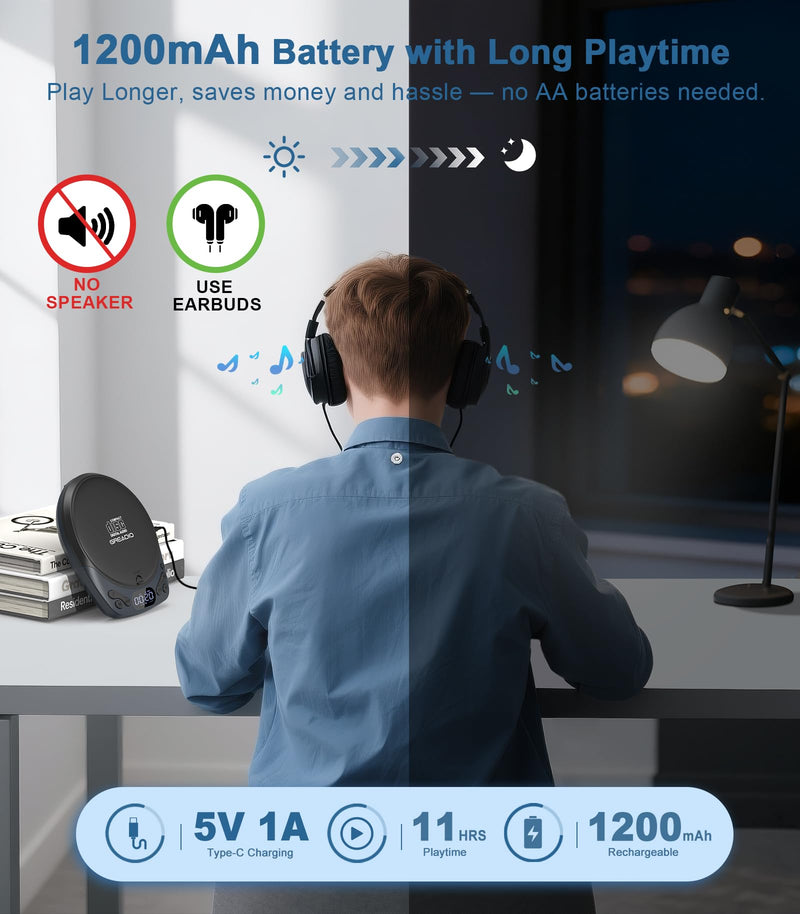 [AUSTRALIA] - Portable CD Player with Headphones, Rechargeable Discman CD Player for Car & Home, Small CD Players Portable with 60s Anti-Skip, Supports CD/MP3/WMA/TF Card/AUX, Backlit/Lock/Programmable/Timer Blue-CD Player with 1200mAh 
