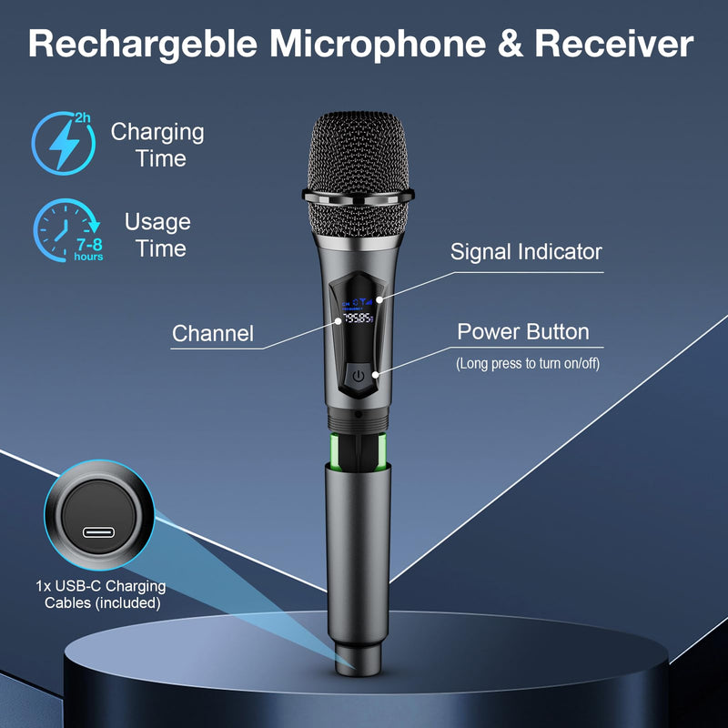 Wireless Microphone,Professional Dual Handheld Cordless Dynamic Mic System with Rechargeable Receiver,Karaoke Microphone Set for Singing, Karaoke, Wedding, DJ, Party, Speech,Church,Class Use,PA System
