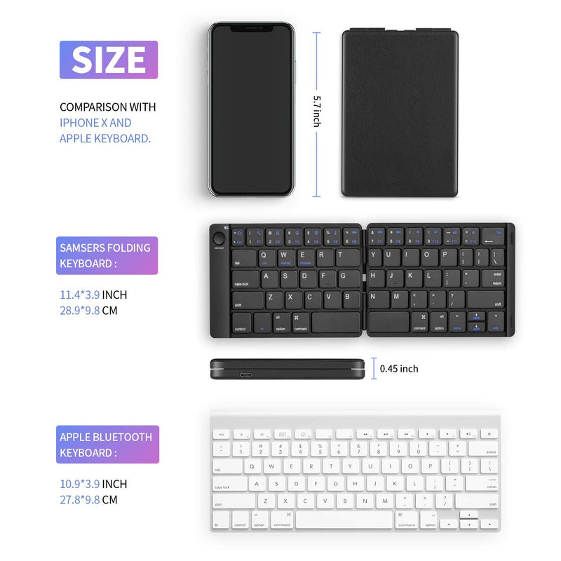Samsers Foldable Bluetooth Keyboard - Portable Wireless Keyboard with Stand Holder, Rechargeable Full Size Ultra Slim Folding Keyboard Compatible IOS Android Windows Smartphone Tablet and Laptop-Black Black