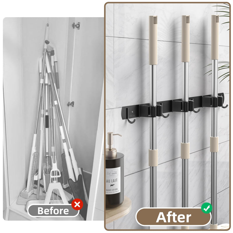 3 Positions Wall Mounted Mop Holder, Robust Stainless Steel Broom Holder, Multifunctional Broom Storage, Mop Holder with Hook, Mop Wall Mount, Device Holder Rail for Kitchen, Bathroom, Garden