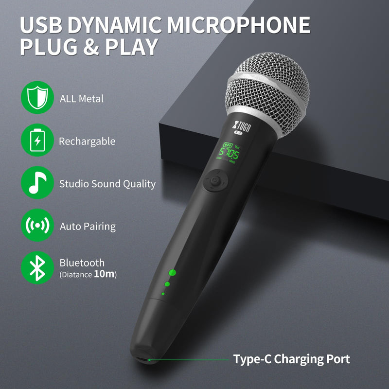 [AUSTRALIA] - XTUGA Wireless Microphone, Rechargeable UHF Handheld Dynamic Wireless Mic with 2 Adapters Compatible with Phone/PC, Wireless Karaoke Microphone Bluetooth for Singing, Wedding, DJ, Party, Speech 