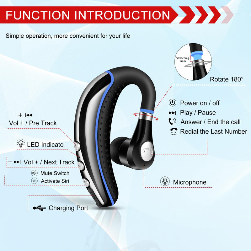 Bluetooth Headset,Wireless V5.0 Business Bluetooth Earpiece in Ear Lightweight Sweatproof Earphones with Mic Work for Cell Phones for Office/Workout/Driving Blue