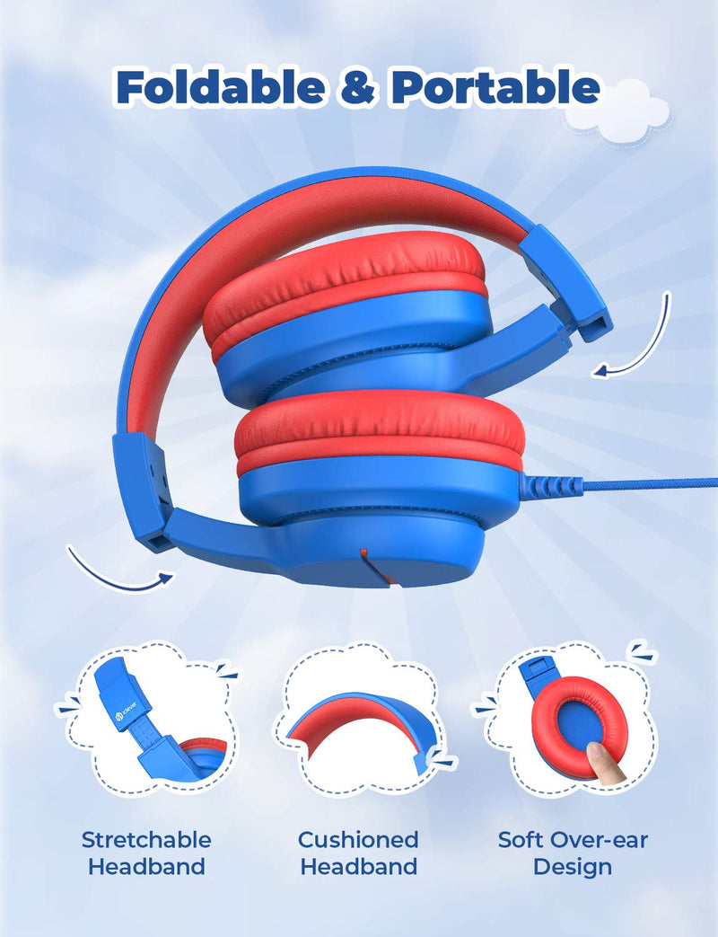 iClever Kids Headphones for School Travel, Safe Volume 85/94dB, HD Mic Stereo Sound Over-Ear Girls Boys Headphones for Kid, FunShare Foldable 3.5mm Wired Kids Headphones for iPad Computer Blue M