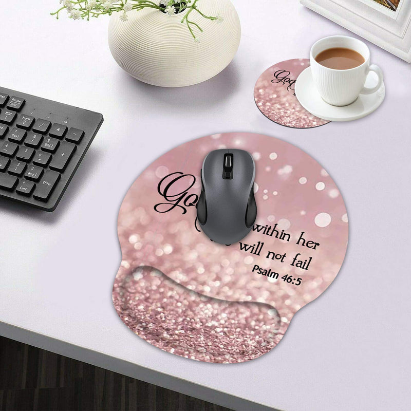 Ergonomic Mouse Pad Wrist Support and Coffee Coaster, Cute Wrist Rest Pad with Non-Slip PU Base for Home Office Working Studying Easy Typing & Pain Relief, Christian Quote Bible Verse Psalm 46:5