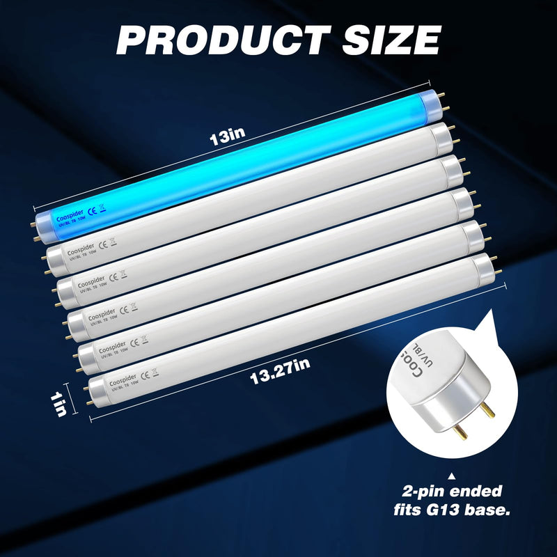 [AUSTRALIA] - COOSPIDER T8 F10 U/V BL 10W Replacement Light Bulb, CFL Fluorescent Straight Tube, Fluorescent Light for Home/Office, 13 Inch Light Tube for 20W Electric Zapper G13 Base, 10W 6PCS 10w-6-packs 