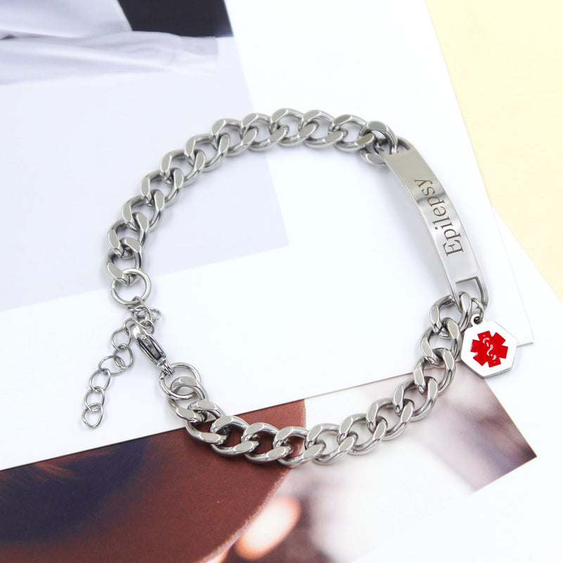 Uloveido Red Medical ID Bracelet | White/Black Cuban Chain Bracelets | Custom Medical Alarm Jewellery for Men Women | Waterproof Stainless Steel Bracelet YA5169 White Epilepsy