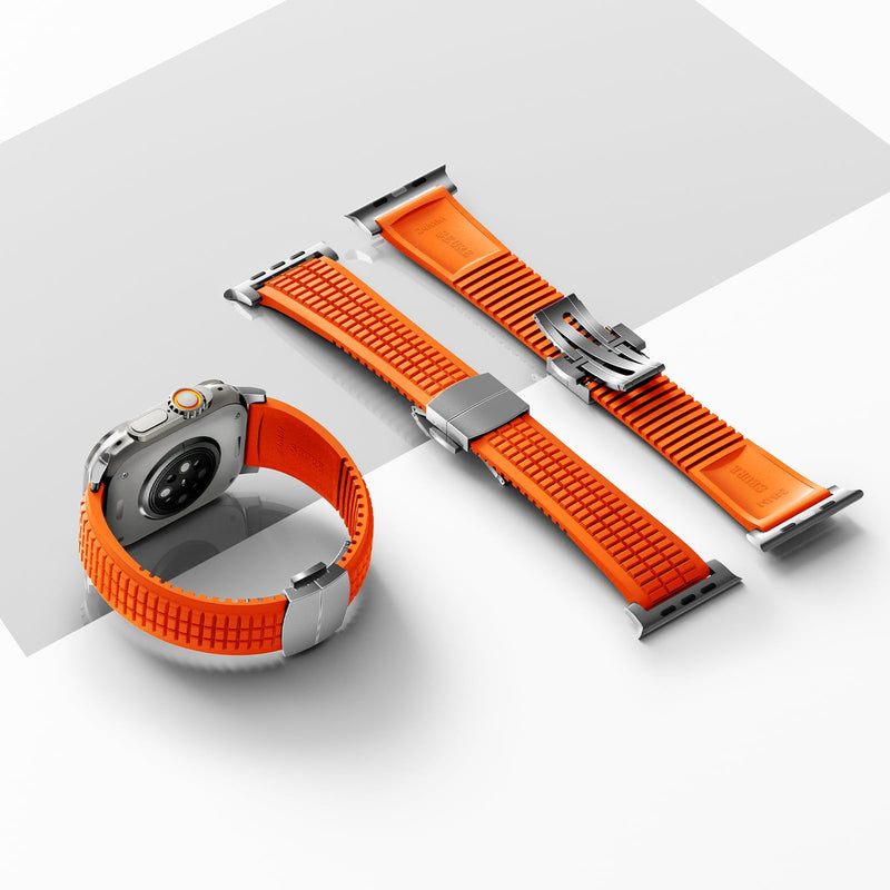 FKM Rubber Band Compatible with Apple Watch Ultra 2 Bands for Men 49mm 46mm 45mm 44mm, Luxury Rugged Silicone Strap with Metal Connector for iWatch Series 10 9 8 7 6 5 4 3 2 1 SE Orange-Silver 49mm/46mm/45mm/44mm/42mm(Series 3 2 1)