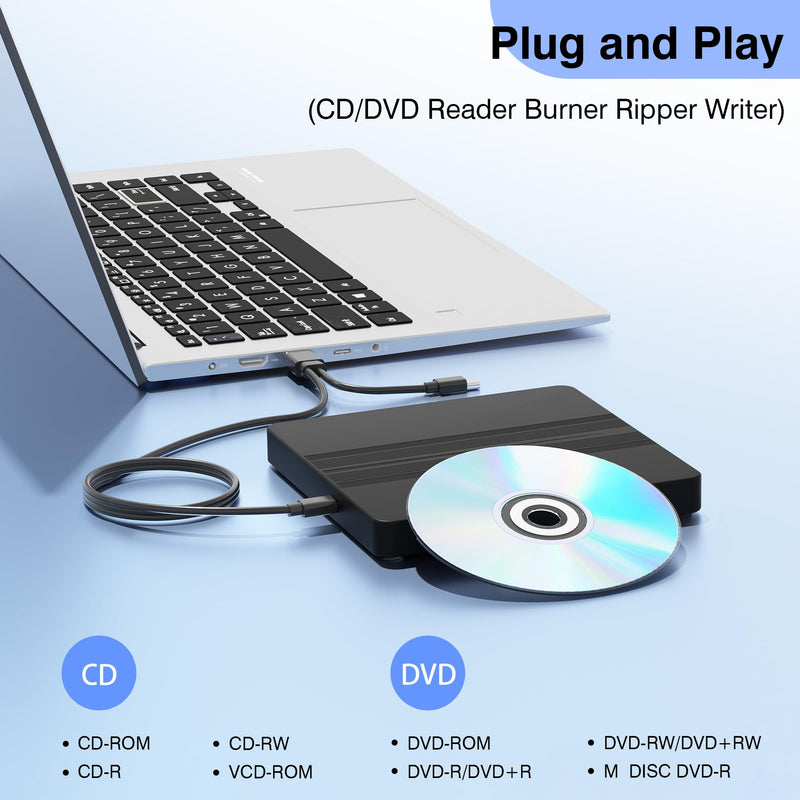 Ultra-Thin External CD DVD Drive with Extra-Long 31.5 Inch Cable | Portable CD/DVD +/-RW Burner USB 3.0 & USB-C Plug & Play Optical Drive for Laptop Desktop PC Windows Mac OS Linux Apple