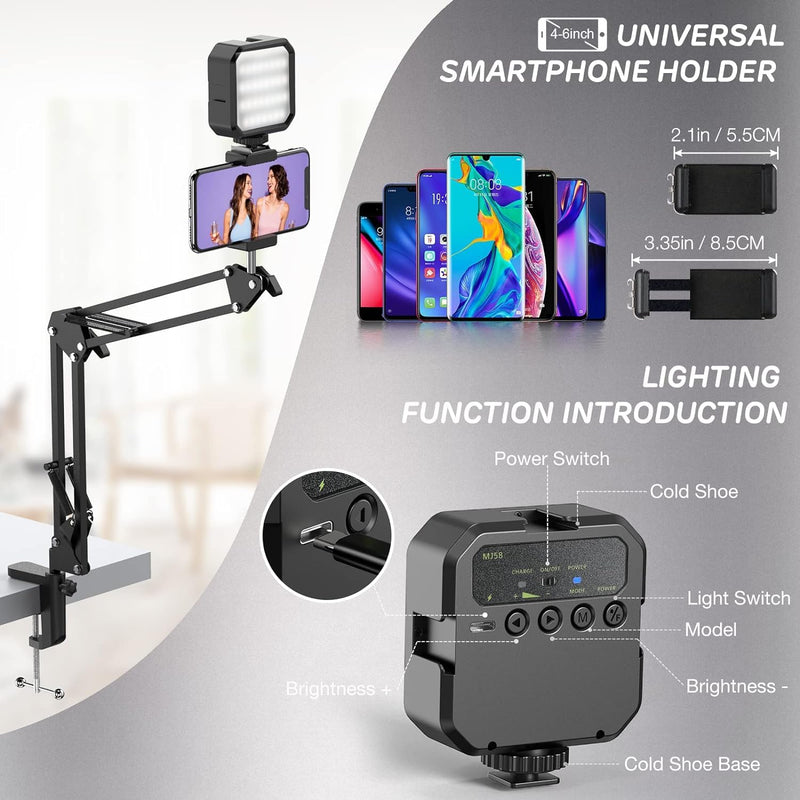 Overhead Phone Mount, Articulating Arm Cell Phone Holder with LED Light, Flexible Phone Stand for Live Streaming,Video Recording,Drawing,Cooking