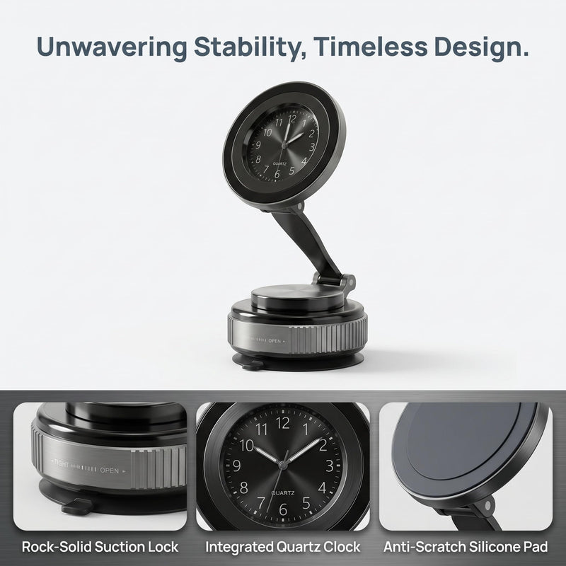 Car Mount with Clock, Folding Stand Design, Round Dial, Silver, Car or Desk