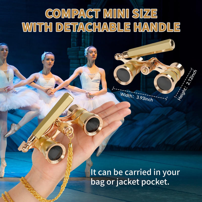 3X25 Opera Glasses Binoculars with Adjustable Handles Exquisite Chain,BK7 HD Optical Lens for Theater Binoculars, Theater Glasses for Adults (Gold) gold