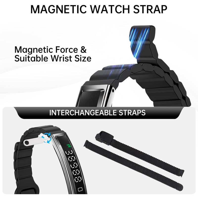 Smart Bracelet for Women Men Fitness Health Tracker with Heart Rate Sleep | 2 Bands 5ATM Waterproof Smartband with Multi-Sport Modes, Step Pedometer Black Steel + Black Magnetic