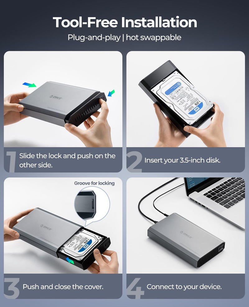 ORICO Aluminum 3.5 Hard Drive Enclosure with USB 3.2 Gen 2 6Gbps Transfer Speed, Fit for 3.5/2.5 Inch SATA HDD SSD Up to 20TB, USB C to USB C/A 2 in 1 Cable Compatible with MacBook Windows(DD35-C3)