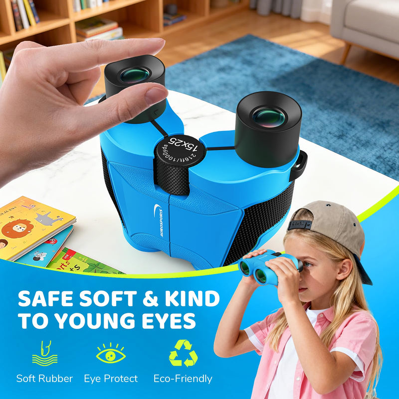 Aurosports 15x25 Compact Binoculars for Kids - Small Binoculars Lightweight with Carrying Case Birding Guide for Bird Watching Hiking Camping Travel Gift for 8-12 Years Boys Girls (Blue) Blue
