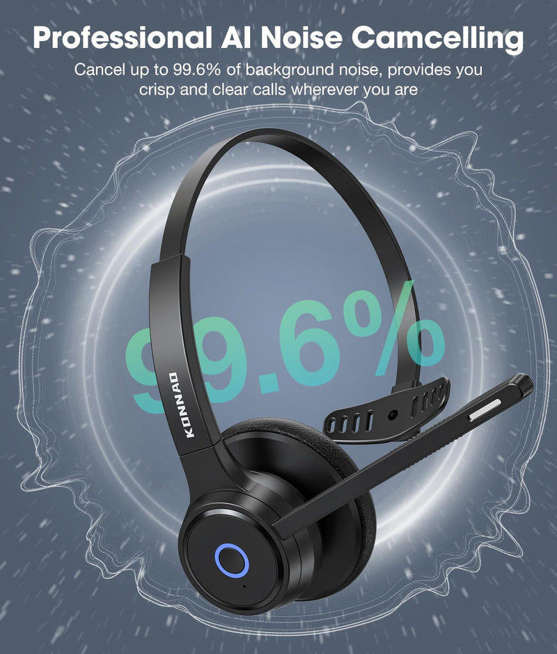 Bluetooth Headset with AI Noise Cancelling Microphone, V5.3 Wireless Headphones with USB Dongle, Charging Station, Microphone Mute Switch, Wireless Headsets for Work Black