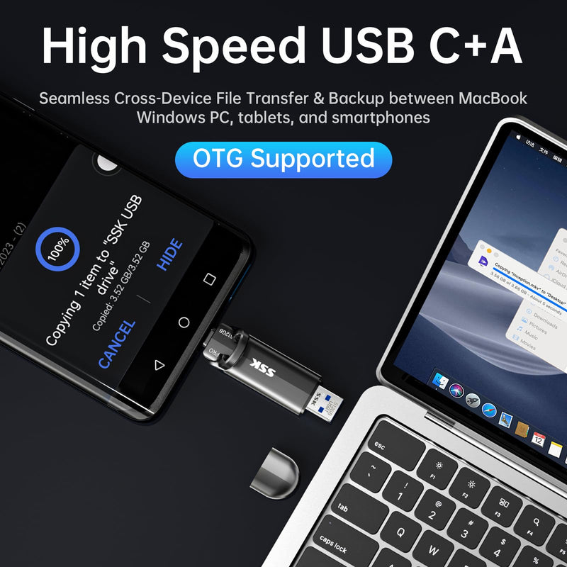 SSK USB SSD External 512GB, 1000MB/s Solid State Drives No Speed Drop, USB A + USB C 3.2 Gen 2 Portable SSD Photo Stickfor iPhone 15/Pro, Windows, Mac, Android Phones…