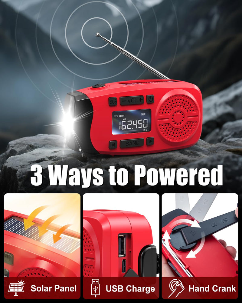 Runningsnail Emergency Weather Radio, 7400mWh Hand Crank Emergency Radio with LCD Display, Support Weather Alert Radio, USB/Solar/Hand Crank, 1W Flashlight & SOS Alarm for Outdoor & Home Emergency Red