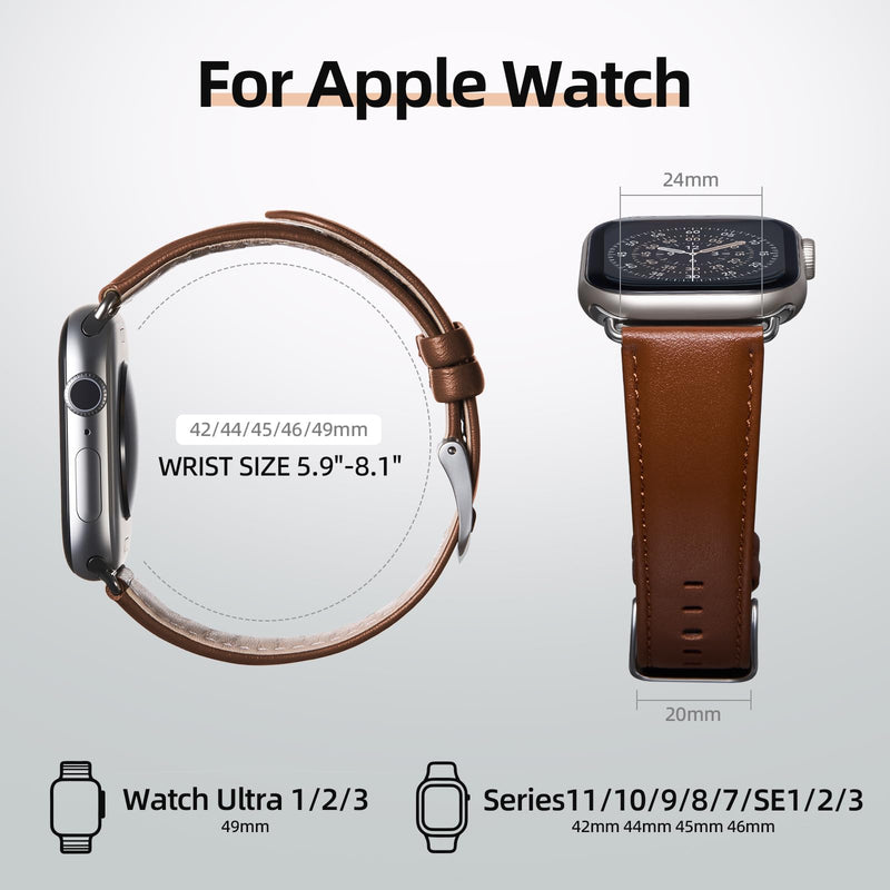 BESTSURE Leather Band Compatible with Apple Watch for Men and Women, Classic Genuine Leather Watch Strap, Fits Ultra/SE/Series 11–3(49/46/45/44/42mm) Brown 42mm/44mm/45mm/46mm/49mm