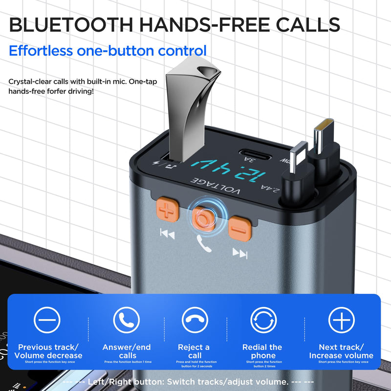 [AUSTRALIA] - Retractable Car Charger,5 in 1 PD Car Phone Charger with Bluetooth 5.3 FM Transmitter,Handsfree Call and MP3 Player,2 Retractable Cables and USB Charging Adapter for Cars Phone,Galaxy,Pixel(Grey) Grey 