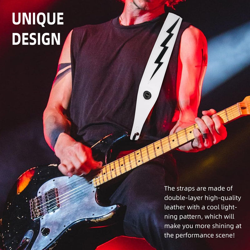 [AUSTRALIA] - Guitar Strap PU Leather, Anti-Slip, Classic, Adjustable Soft Leather Strap for Acoustic, Electric and Bass Guitars (White - Black lightning) 