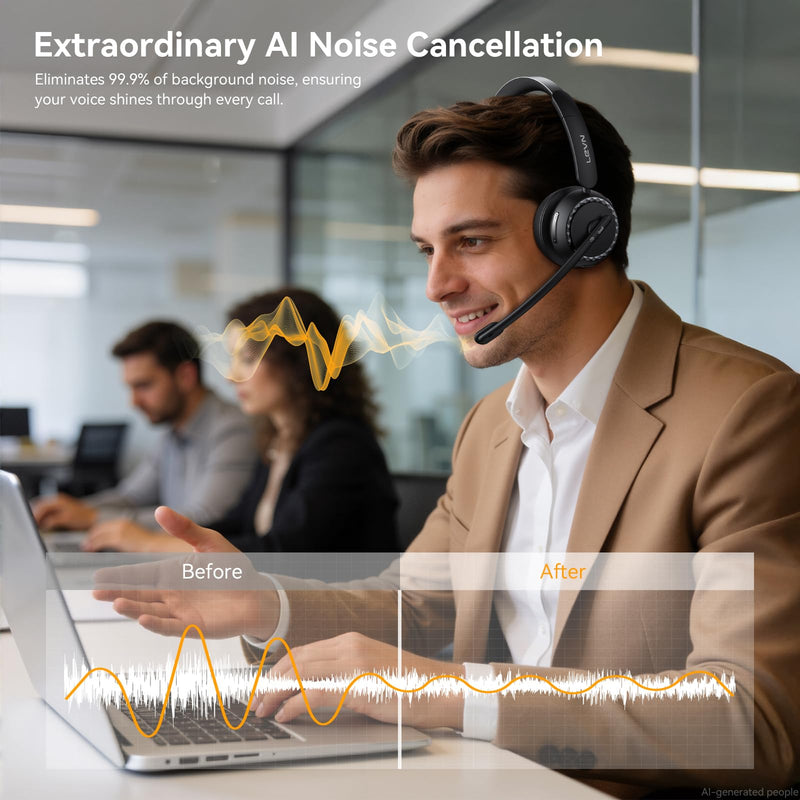 LEVN Wireless Headset, Wireless Headset with Mic for Work, AI Noise Cancelling, 65 Hrs Working Time, Bluetooth Headphones with Microphone from Computer/Call Center/Teams
