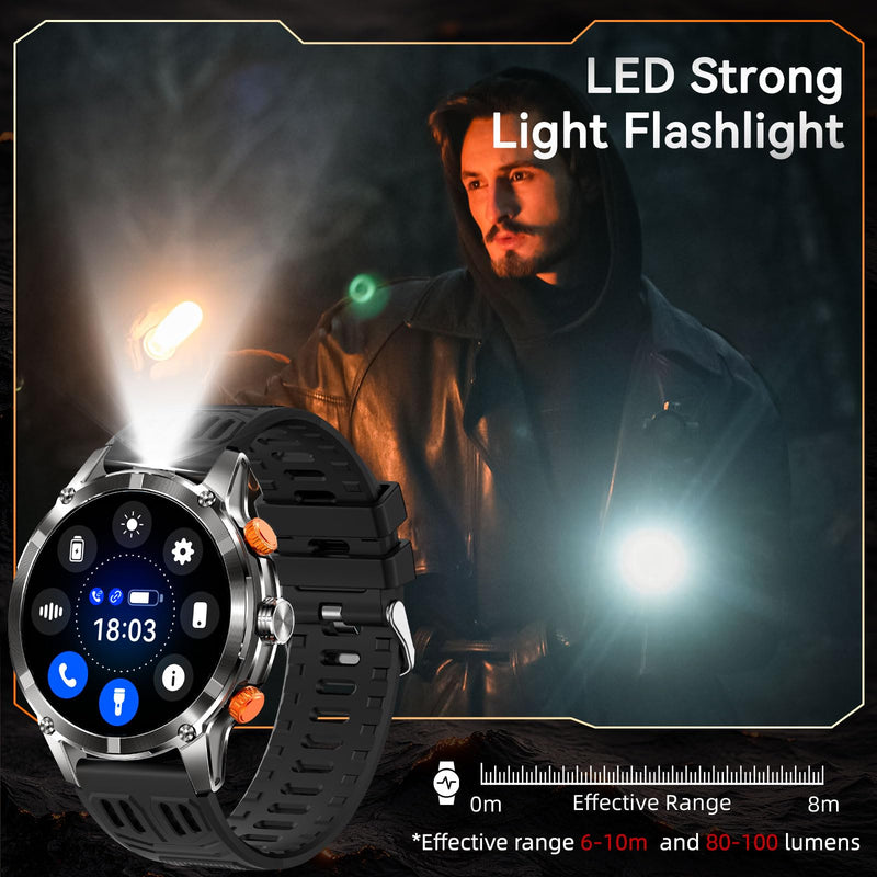 Military Smart Watch for Men(Make/Answer Call) with LED Flashlight 1.7" HD | Fitness Watch 530mAh Battery, Outdoor Sport Rugged Smartwatch with Activity Tracker Compatible with Android & iPhone Phone