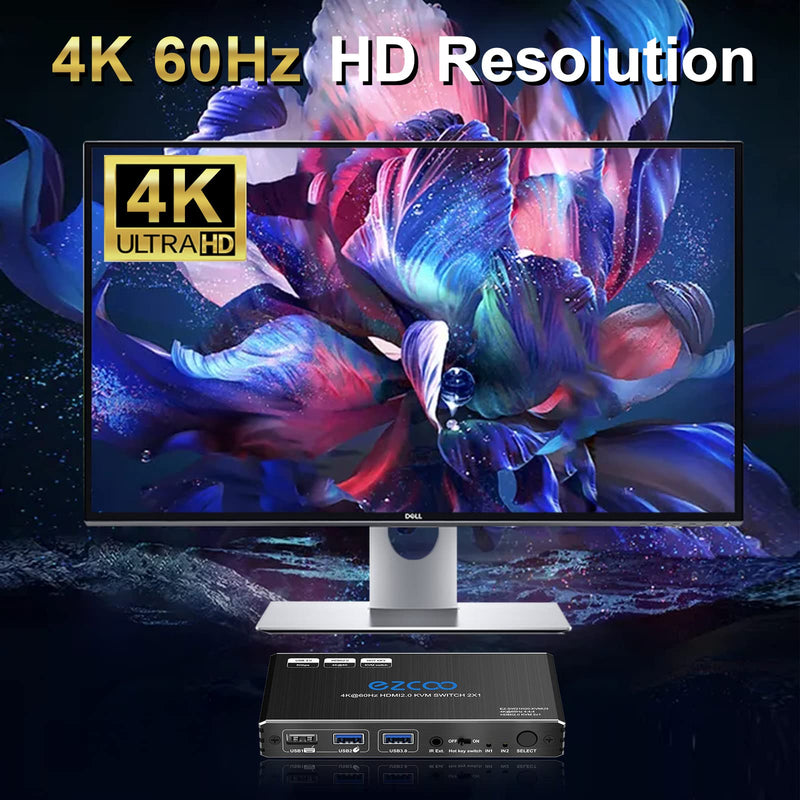 USB 3.0 KVM Switch HDMI 2 Computer 1 Monitor HotKey 4K60 4:4:4 HDR Atmos - 2 PCs Share Keyboard Mouse Printer Scanner Mac Windows,HDCP Pass,USB Selector