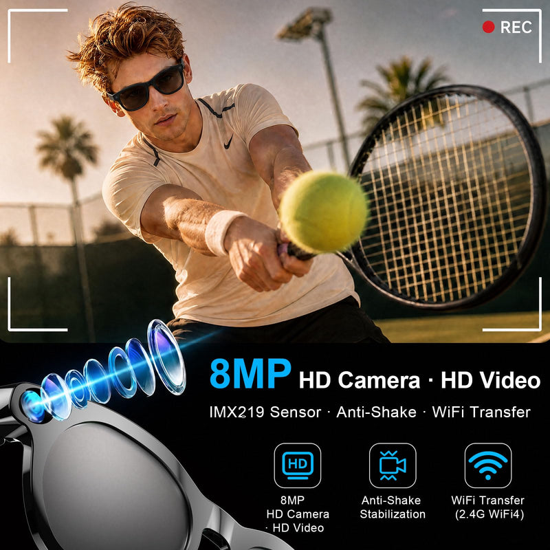 AI Smart Glasses with 1080P Video, Real-Time Translation and Open-Ear Audio | 8MP Photo Camera and AI Voice Assistant with Dual-Mic and WiFi Transfer. Swappable Lenses for Travel, Meetings and Daily Use