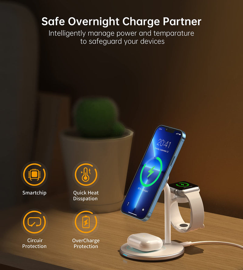3 in 1 Wireless Charging Station for Multiple Devices, 15W Fast Wireless Mag-Safe Charger Stand for iPhone 14 13 12 Pro Max/Plus/Pro/Mini, Mag Charger for iWatch Ultra/8/7/SE/6/5/4/3/2, AirPods White