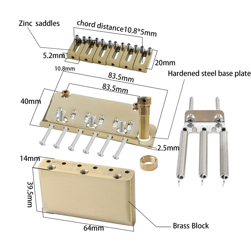 [AUSTRALIA] - 10.8mm Electric Guitar Bridge Gold 2-Point Tremolo Bridge with Zinc Alloy Saddles Brass Block 6 String Guitar Bridge Compatible with Start ST Electric Guitar Replacement Parts 