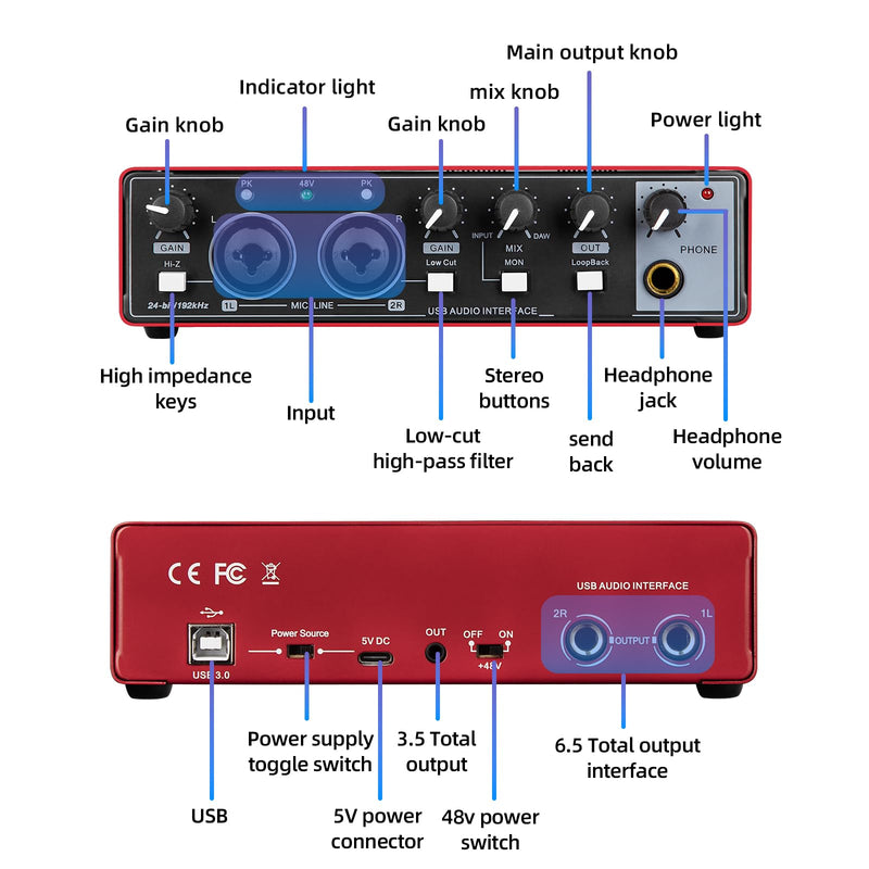 Depusheng RED USB Audio Interface for Recording Music, XLR Interface with 48 V Phantom Power, Audio Box for Guitarists,Podcasters or Producers to record and playback studio quality sound