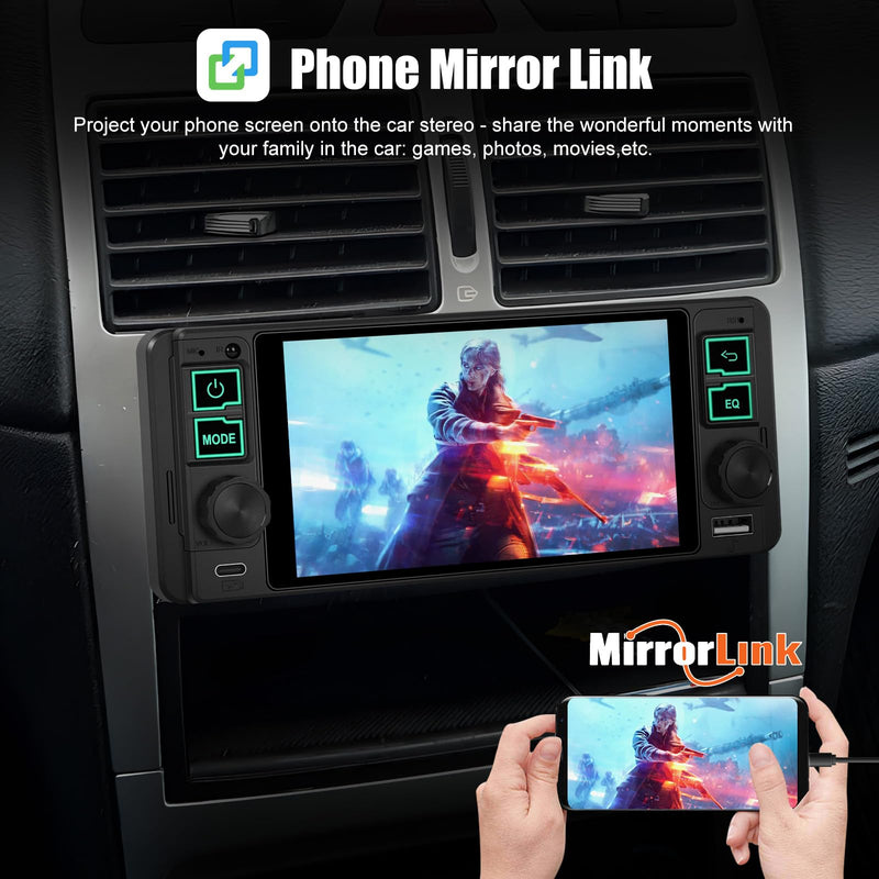 Single Din Car Stereo with Wireless Apple Carplay Android Auto, 5.1" InCell Touchscreen Car Radio with Bluetooth 5.2 Handsfree Mirror Link 1 Din Head Unit with FM/Type-C/USB/EQ/Microphone 5.1-In Incell Screen