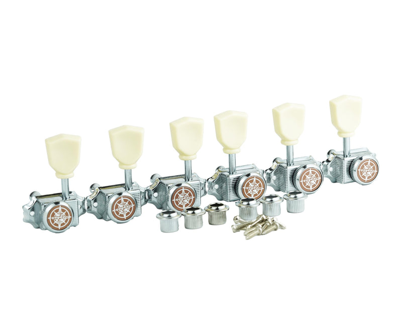 [AUSTRALIA] - Guyker 3x3 Vintage Style Locking Guitar Machine Heads – 1:15 Ratio Lock String Chrome Deluxe Tuning Key Pegs Tuners Set Replacement for Electric, Acoustic or Folk Guitars - GK44sp, White Button Chrome - White Handle 