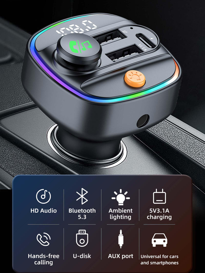 [AUSTRALIA] - Bluetooth 5.3 FM Transmitter for Car, Wireless Car Adapter with Hands-Free Calling, Navigation Announcement, USB/AUX Playback, Dual USB & Type-C Fast Charging, for iPhone/Android/Smartphones C4 