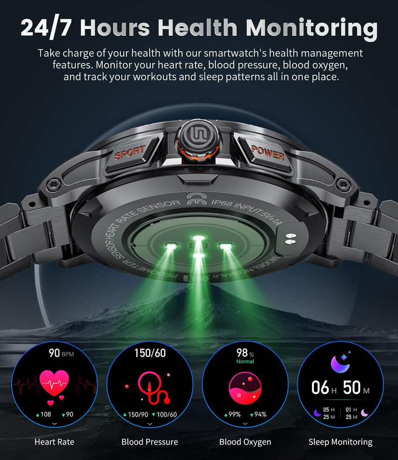 Military Smart Watch for Men(Answer/Dial Calls),1.46'' AMOLED Touchscreen/5ATM Waterproof/120+ Sports Modes Fitness Watch with Blood Pressure/Heart Rate/SpO2/Pedometer for Android/iOS Smartwatch Black