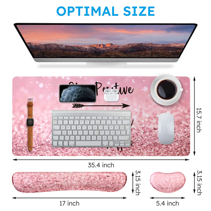 iCasso Keyboard Mouse Pad Set,Extended Gaming Mouse Pad+Keyboard Wrist Rest Support , Memory Foam, Easy Typing Pain Relief, 3Pcs (35.4×15.7 in) XXL Ultra Thick Desk Mat -Pink Stay Positive A-Pink Stay Positive