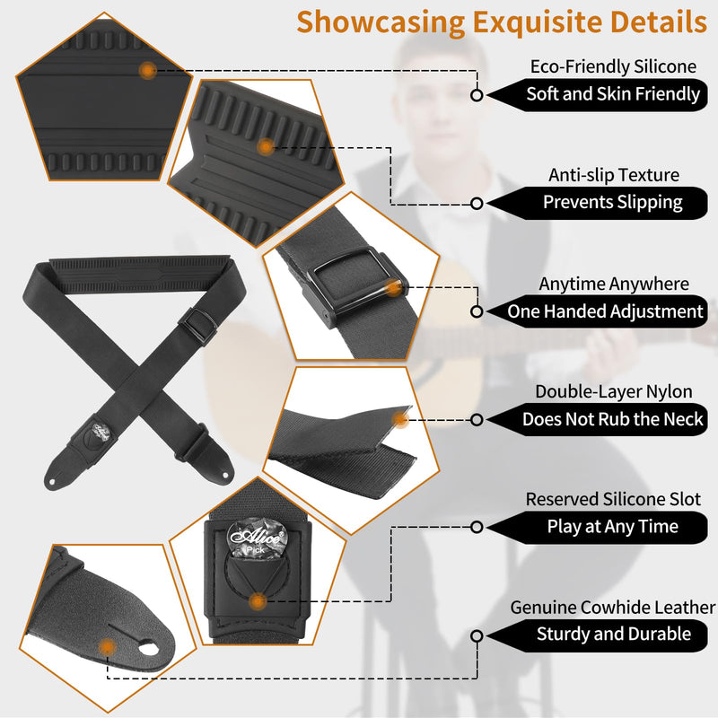 Guitar Strap, Silicone padded non-slip guitar straps with Guitar Plectrum Integrated Slot and Pull-Type Metal Buckle for Bass, Electric & Acoustic, Best Gifts for Kids, Guitarists(Leather Ends)