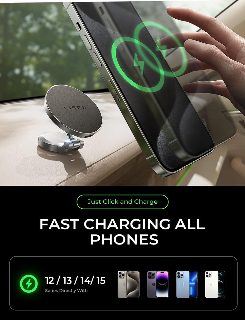 LISEN for Magsafe Car Mount Charger [15W PRO] iPhone Wireless Car Charger Magnetic Phone Holder Mount, Automobile Dashboard Car Phone Holder Fits iPhone 15 Pro Plus Max 14 13 12 MagSafe Case