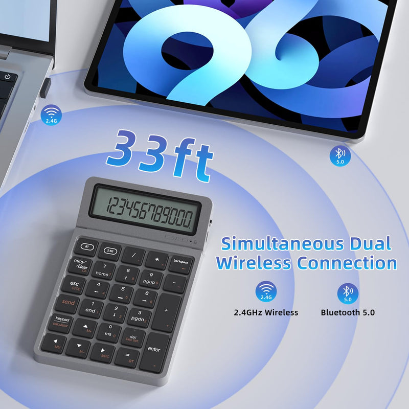 2-in-1 Wireless Bluetooth Number Pad, Bluetooth 5.0 & 2.4G Numeric Keypad with Calculator & Adjustable Screen, USB C Rechargeable Numpad for Laptop, Mac, iMac, Windows,Tablet, PC Desktop - 33ft Range