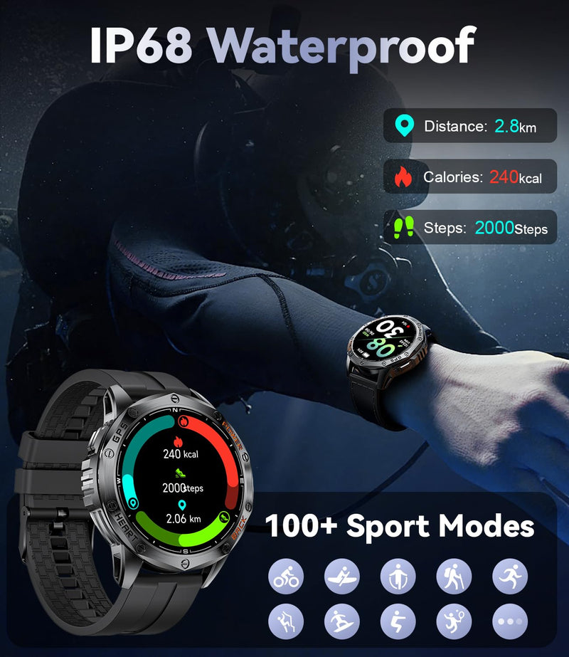 LIGE GPS Smart Watch for Men, 1.43'' AMOLED Always on Display, LED Flashlight/Compass/45 Days Battery/IP68 Waterproof Smartwatch, 100+ Sport Mode, Rugged Smart Watches for Android iOS Black Orange