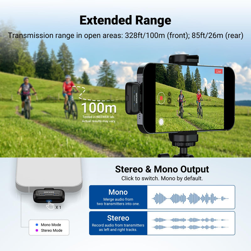 [AUSTRALIA] - NEEWER KM19 Lightweight Wireless Lapel Microphone, 48kHz/24bit 30H Battery 3-Level Noise Cancelling Mute Stereo 100m Range Mini Lav Mic with App Control, Compatible with iPhone Android Phone PC 