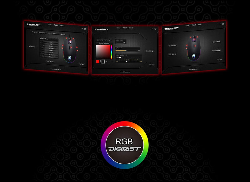 Digifast Nightfall NF24 RGB Backlit Gaming Mouse, Symmetrical Design, 50 Million Click Durability, 8 Programmable Buttons, Dynamic DPI Switching, Customized Color, DPI for Windows PC Gamers (Black)