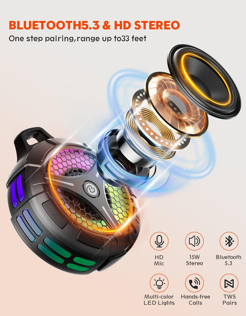 Bluetooth Shower Speaker, Suction Cup, Small Portable Wireless IPX7 Waterproof Outdoor Speakers, 15W Loud Stereo Sound Deep Bass, TWS Pairs, 6 Mode RGB Lights, All Ages Gift for Christmas Silver