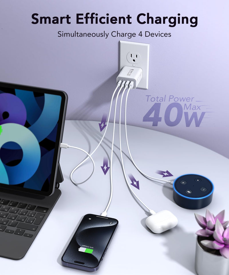 40W USB C Charger Block, 2-Pack 4-Port Type C Fast Charging Brick Dual PD&QC Wall Plug Adapter Compatible for iPhone 15/15 Pro/ 15 Pro Max/14/13/12, iPad, Airpods, iwatch, Samsung Galaxy White