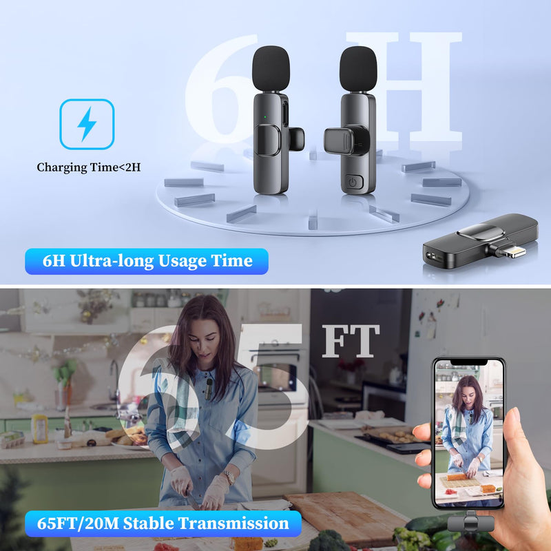 ZasLuke 2 Pack Wireless Lavalier Microphone for iPhone & iPad, Mini Microphone for Video Recording, Ultra-Low Delay Noise Canceling Microphone for Vlog, YouTube, TikTok, Black